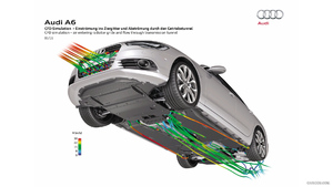 2012 Audi A6 - CFD simulation - air entering radiator grille and flow through transmission tunnel  -