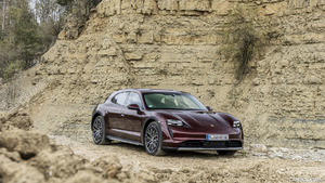 2021 Porsche Taycan 4 Cross Turismo (Color: Cherry Metallic) - Front Three-Quarter